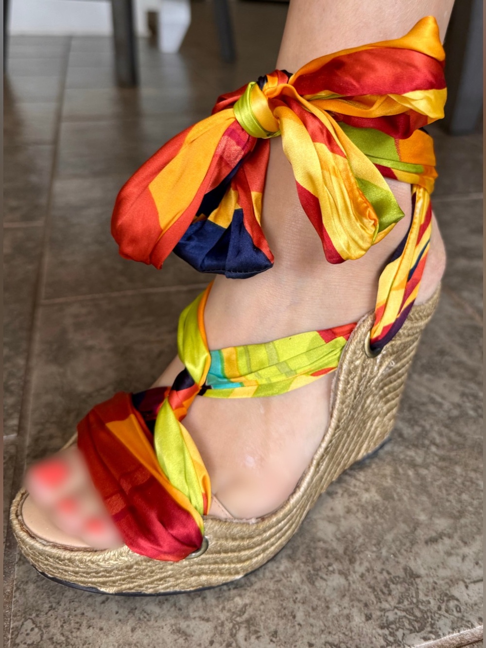 Luxury Rebel Colorful Scarf Wrap Wedge Espadrilles Heels 36.5